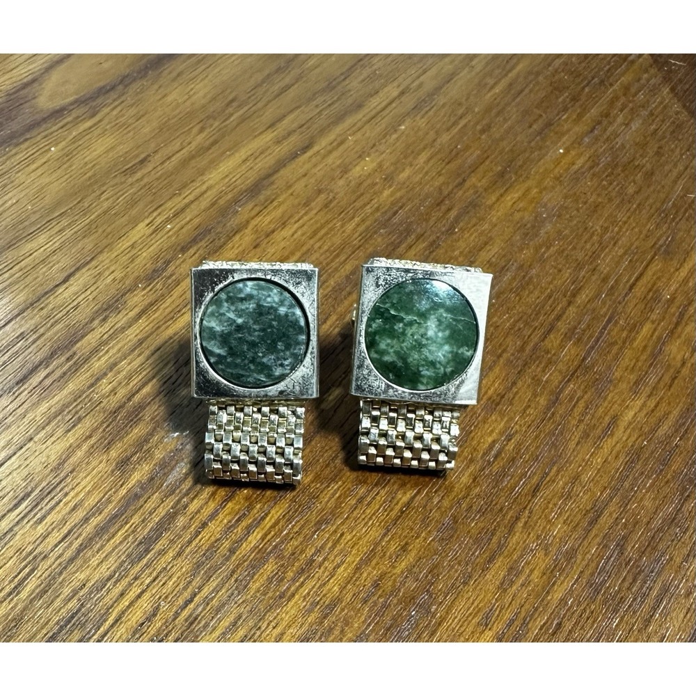 Vintage Jade Cufflinks Wrap a Around Gold Tone Mesh